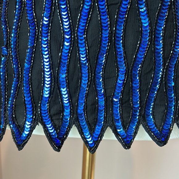 Vtg STENAY 100% Silk Top Black Blue Sequin Beaded Stripe Silk Short Sleeve 80s - Picture 4 of 10